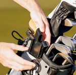 Scrubi golf club cleaner bracket attached to a golf bag, featuring durable bristles for effective club cleaning on the course.