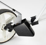 Scrubi golf club cleaner attached to a 3-wheel Clicgear, featuring durable bristles for effective club cleaning on the course.