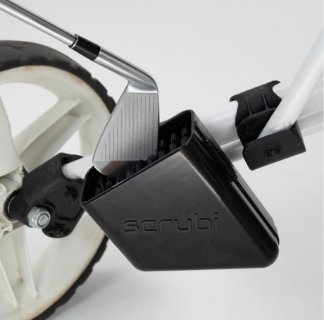 Scrubi golf club cleaner attached to a 3-wheel Clicgear, featuring durable bristles for effective club cleaning on the course