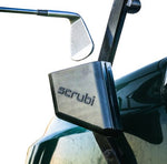 Scrubi golf club cleaner attached to a golf cart, featuring durable bristles for effective club cleaning on the course