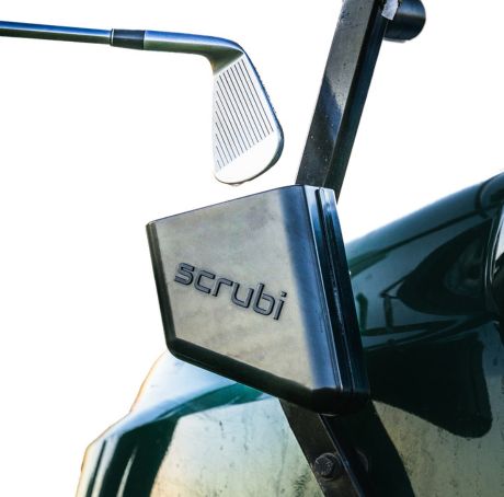 Scrubi golf club cleaner attached to a golf cart, featuring durable bristles for effective club cleaning on the course