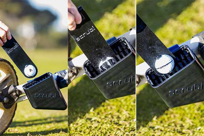 Scrubi golf ball cleaner, designed for easy dirt removal, compatible with the Scrubi golf club cleaner for a complete cleaning solution