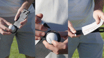 Scrubi Golf Ball Cleaner cleaning a dirty golf ball. It is also demonstrates its ability to act golf ball marker and scorecard holder.