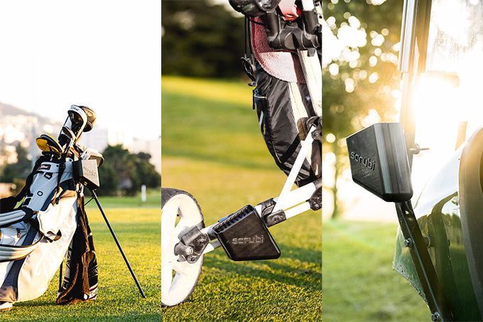 Scrubi golf club cleaner attached to a golf bag, 3-wheel Clicgear and golf cart featuring durable bristles for effective club cleaning on the course