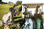 Scrubi golf club cleaner attached to a golf bag on a golf trolley and golf cart, featuring durable bristles for effective club cleaning on the course.