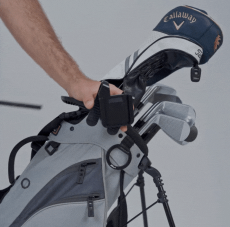Demonstrating how to attatch the Scrubi golf bag bracket for using the Scrubi Golf Club Cleaner.